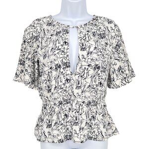 Open Edit Abstract Print Keyhole Blouse Black White Size XS